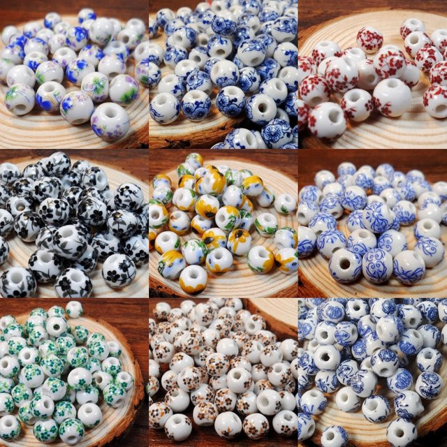 Keramik Perlen, Blumenmuster, Bunt, 10 mm, Spacer Perlen - Bild 1