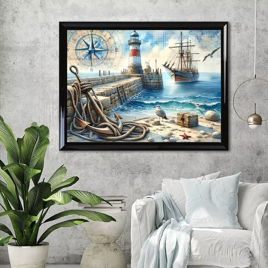 HUACAN Diamantmosaik Set Maritime Landschaft mit Schiff und Leuchtturm, Rund, Mehrfarbig, Durchmesser: 30 cm - Bild 2
