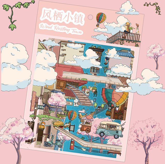 4 Stück Fengqi Stadt-Landschaft Aufkleber im Kawaii Ästhetik Design für Handy, Gepäck und Gitarre, Multicolour - Bild 1