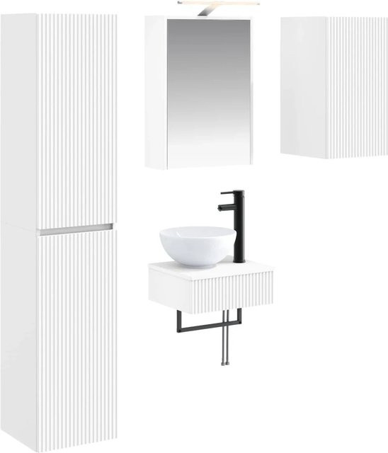 vidaXL Badezimmermöbel-Set 5-teilig in Weiß, modern aus Ingenieurholz und Glas mit LED-Beleuchtung und Spiegelschrank - Bild 1