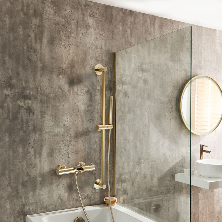 HudsonReed Thermostat-Wannenarmatur mit Brausestangenset in satiniertem Gold - Bild 1
