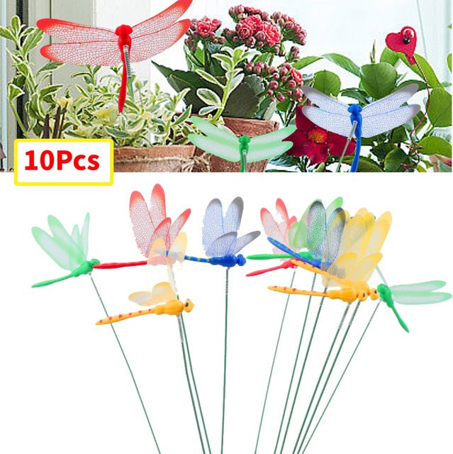 10er Set VIBRATITE Libellen-Steckfiguren aus wasserfestem PVC zur Garten- und Blumentopfdekoration in verschiedenen Farben - Bild 1