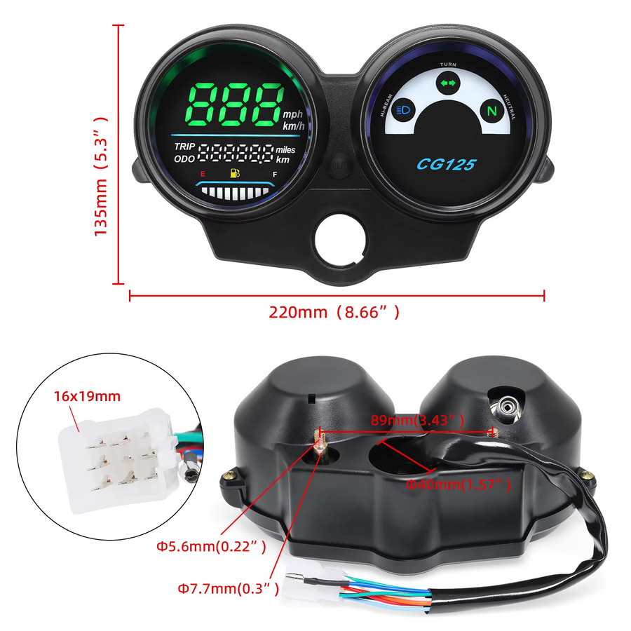 ZMFJH Motorrad LED Tachometer Wasserdichtes Dashboard mit Kilometerzähler, RPM Gauge und Kraftstoffanzeige in Schwarz für CG125 und Fan 125 Titan 125 - Bild 4