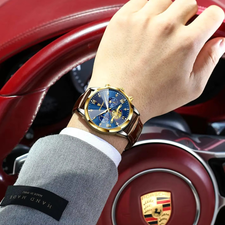 POEDAGAR Armbanduhr Chronograph, Quarz, Leder, Blau, Herren - Bild 6