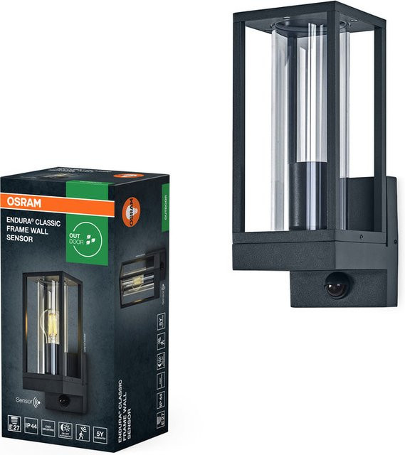 Osram Endura Classic LED Wandleuchte Frame mit PIR- und Dämmerungssensor, E27 Fassung, IP44, Aluminium dunkelgrau und Glas - Bild 1