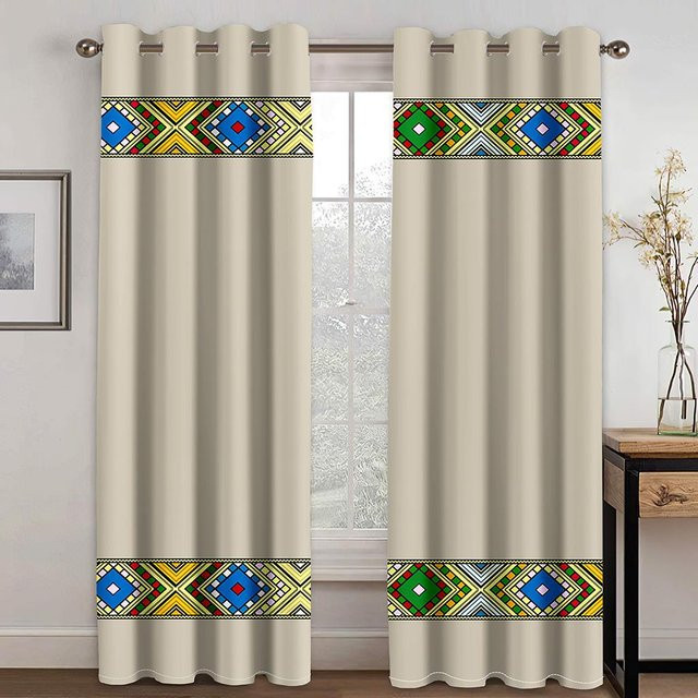 Halbverdunkelnde Vorhänge im äthiopischen Bohemian-Design, 2 Paneele, Beige, B: 50 cm, H: 50 cm pro Paneel - Bild 1