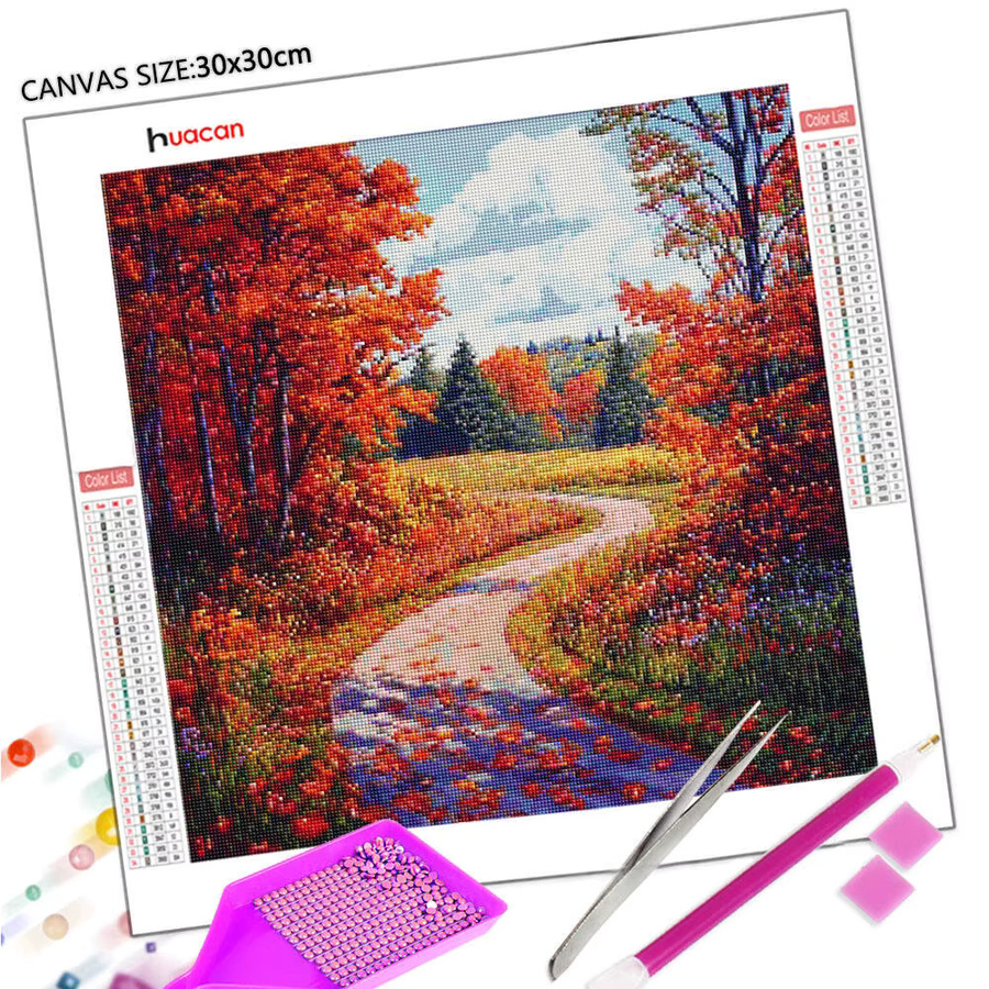 Huacan Diamantmalerei Herbst Landschaft mit Ahorn und Waldweg als 5D DIY Rundes Mosaik Kunstwerk für deine Wanddekoration in Mehrfarbig - Bild 2