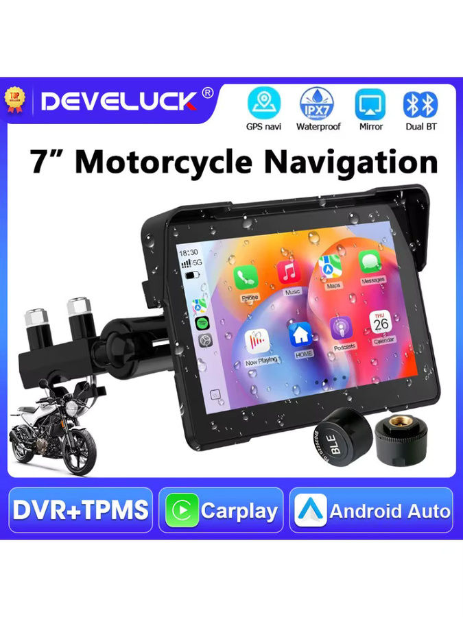 Develuck 7 Zoll Motorrad CarPlay Display mit Android Auto, Wireless Bluetooth, GPS-Navigation und TPMS-Unterstützung, IPX7 wasserdicht, Schwarz - Bild 6