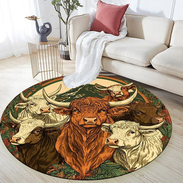 Runder Teppich Hochlandkuh von DayByDayLove, rutschfeste Bodenmatte für Wohnzimmer und Schlafzimmer, Durchmesser: 120 cm - Bild 1