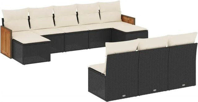 vidaXL 10-tlg. Garten-Sofagarnitur in L-Form aus Polyrattan mit Kissen und Polsterung, Schwarz - Bild 1