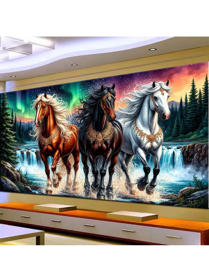 JKEKEYANG Diamantmalerei DIY Set Pferd im Wald mit Fluss, Diamant-Mosaik Vollbohrer in Multicolour, B/H: 40 x 40 cm - Bild 2