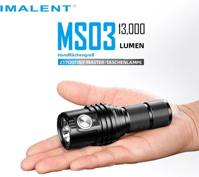 IMALENT MS03 EDC Taschenlampe Schwarz mit 13000 Lumen CREE XHP70.2 LED, Typ-C wiederaufladbar, 324m Reichweite und IPX8 Wasserdichtigkeit - Bild 1