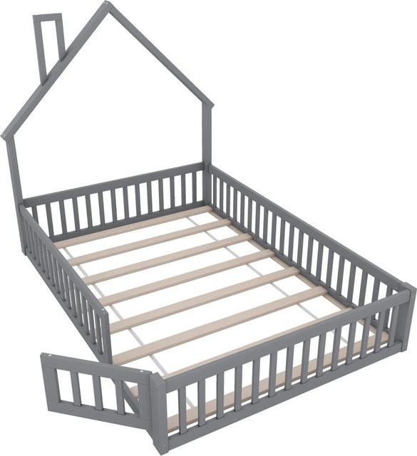 KOMHTOM Polsterbett im Schornsteinfürm-Design für Kinder aus Kiefernholz und MDF, Grau, B/T/H: 140 x 200 x 163,7 cm - Bild 1