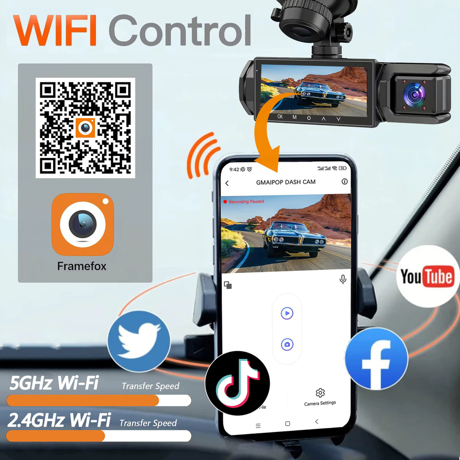 GMAIPOP 1080P Full HD WiFi Dashcam für Autos mit 2/3-Kanal-Funktion, IR-Nachtsicht und Weitwinkel, Schwarz - Bild 3