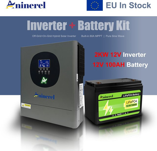 Aninerel Hybride Solar Inverter 2000W 12V 100Ah LiFePO4 Solar-Speicherbatterie mit WIFI und BMS in Grau - Bild 1