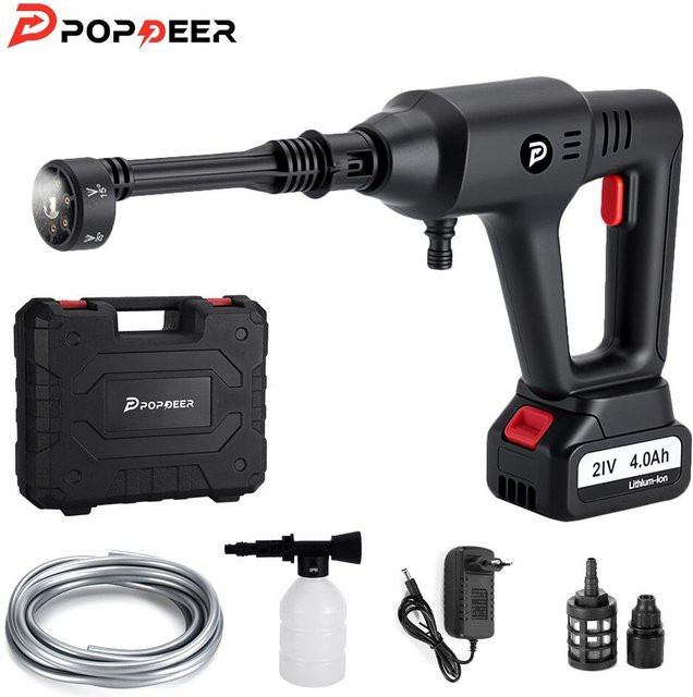 POPDEER PD-W01 Kabelloser Hochdruck-Autowäscher in Schwarz mit 200 Bar, 6-in-1 Düse, 4,0Ah Akku und 5m Schlauch - Bild 1