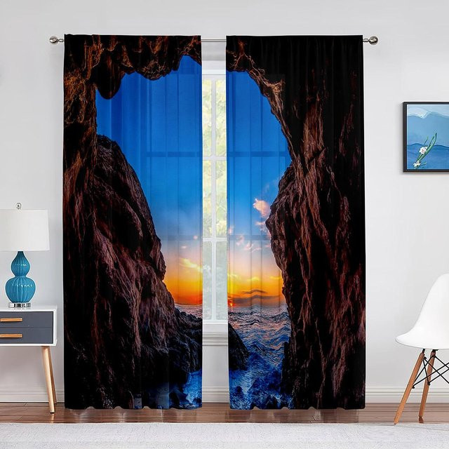 Transparenter Chiffon-Tüllvorhang Tropischer Ozean in Blau mit Ösen, Breite: 100 cm, Höhe: 250 cm - Bild 1