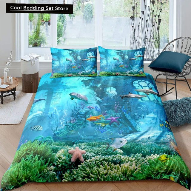 Binchi Fitness Bettwäscheset Unterwasserwelt Oase für Kinder in Blau mit Fisch und Korallen, B/H: 135 x 200 cm - Bild 1