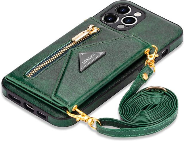 Yiran Crossbody-Lederhülle für iPhone 15 Plus mit Reißverschluss, Kartenhalter und Umhängeband, Farbe: Grün - Bild 1