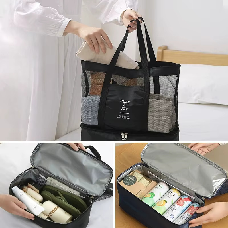 Aliwood Netz-Einkaufstasche mit Reißverschluss und isoliertem Boden in Schwarz, große wiederverwendbare Tasche mit Trocken- und Nasstrennung für Picknick, Strand und Reisen - Bild 2