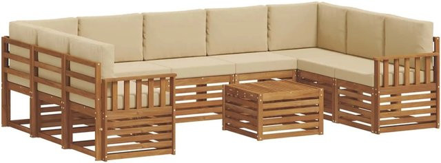 vidaXL Sofagarnitur aus Massivholz Akazie in Natur und Beige, 10-teiliges L-Shape Gartenmöbel-Set mit Polstern und Armlehnen - Bild 1