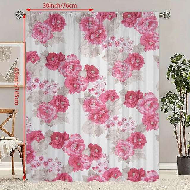 2er-Set Vorhang mit rotem Rosen-Print aus Polyester in Pink, B/H: 60 x 150 cm - Bild 1