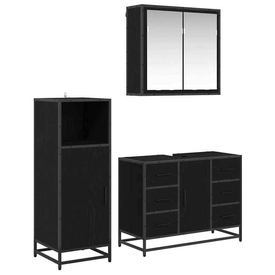 vidaXL Badezimmermöbel Set 3-teilig in Schwarz und Eiche aus Holzwerkstoff mit Spiegelschrank, Waschbeckenunterschrank und Badezimmerschrank, Wandmontage - Bild 2