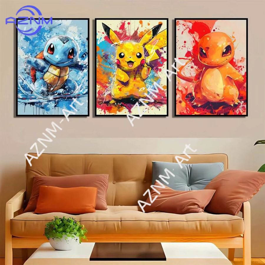 Potdemiel Anime Pokemon Wandkunst Leinwandgemälde mit Pikachu, Charmander, Bulbasaur und Squirtle in Mehrfarbig, Modernes Rechteckiges Poster für Wohnzimmer und Kinderzimmer - Bild 2