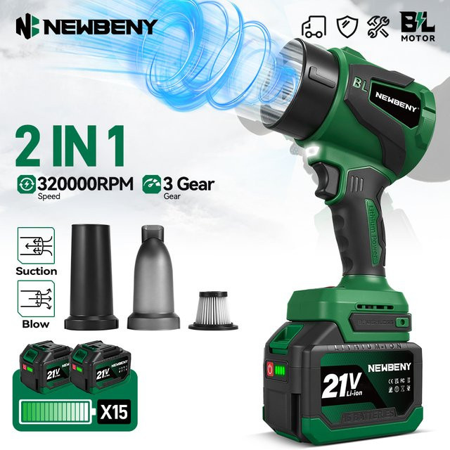 NewBeny Elektrischer Turbo-Gebläse Jet-Lüfter in Grün, Bürstenloser Staubbläser und Laubbläser mit 320000 RPM für Makita 21V Akku-Pins - Bild 1
