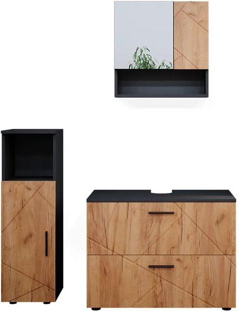 Vicco Badmöbelset Irma in Anthrazit und Eiche bestehend aus 3 Teilen mit Unterschrank, Spiegelschrank und Midischrank - Bild 2