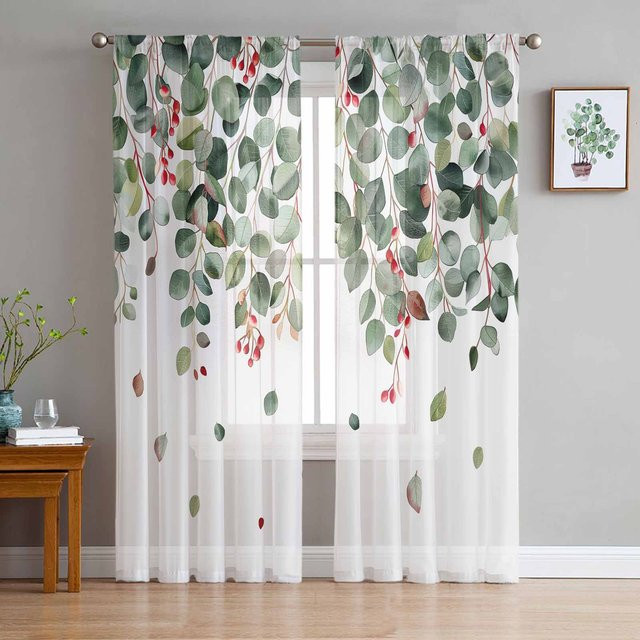 Yiran Furniture Transparentes Voile-Vorhang mit abstraktem roten Blattmuster, Organza-Tüll für Wohnzimmer und Schlafzimmer, Breite: 135 cm, Höhe: 115 cm - Bild 1
