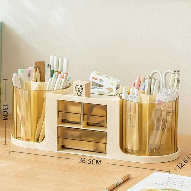 Schreibtisch-Organizer von Walk Vogue in Gelb mit 3 Schubladen, 2 drehbaren Stifthaltern und Aufbewahrungsbox - Bild 1