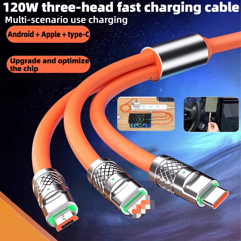 3-in-1 Schnellladekabel 120W mit 1,2m Länge für iPhone, Android, Huawei, Tablet und Laptop in Orange - Bild 2