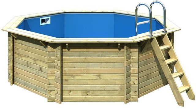 Karibu Massivholzpool Modell 1 A als achteckiger Aufstellpool in Blau und Grau mit Schutzvlies, Durchmesser: 400 cm, Höhe: 111 cm - Bild 1