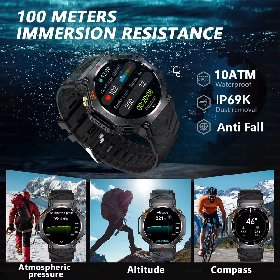 GUHUAVMI Militär Smartwatch für Männer mit GPS, AMOLED HD Display, Bluetooth Anruffunktion und Taschenlampe, wasserdicht 10ATM IP69K, Farbe: Schwarz - Bild 3