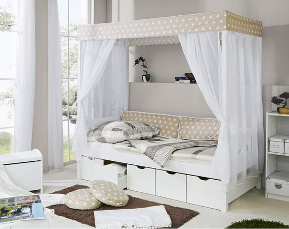 TiCAA Himmelbett aus Kiefernholz in Beige und Weiß mit Sternen-Design für Kinderzimmer und Schlafzimmer