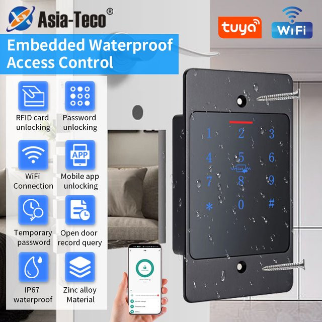 Asia-Teco WiFi Tuya Smart Türschloss mit Tastatur, RFID und biometrischer Zugangskontrolle, wasserdichtes Metall-Tastenfeld in Schwarz, verdeckt montiert - Bild 1