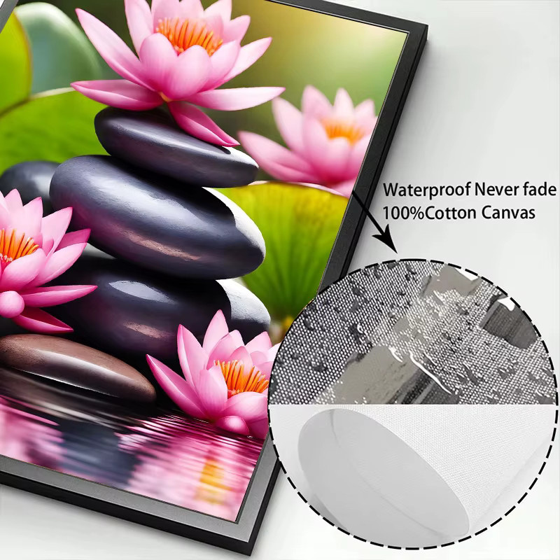 Potdemiel Wandkunst Leinwandgemälde Pink Lily Tranquility Spa Zen Stone in Pink mit floralem Design und Naturmotiv - Bild 3