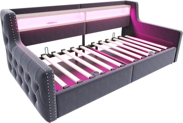 Merax Schlafsofa mit LED-Beleuchtung und USB-Ladefunktion, Samt, Dunkelgrau, B/T/H: 90 x 200 cm - Bild 1