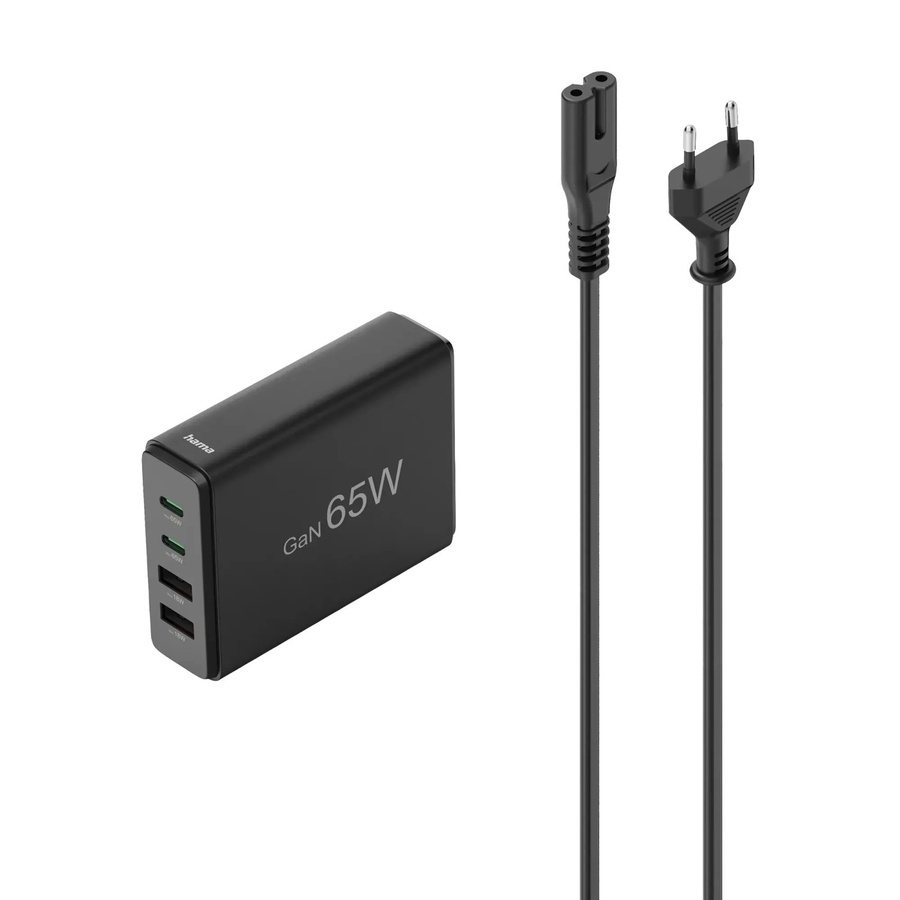 Hama USB-Ladestation GaN Schnellladegerät in Schwarz mit 4 Ports: 2 x USB-C und 2 x USB-A mit 65 W Leistung - Bild 1