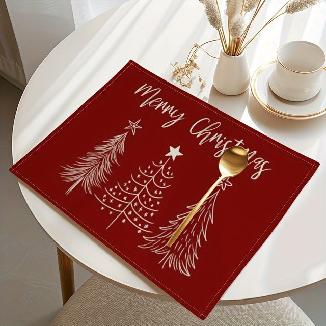 VIKAMA 4-teiliges Tischset Weihnachtsbaum-Design in Burgunderrot für Weihnachtsfeiern und Tischdekoration - Bild 1