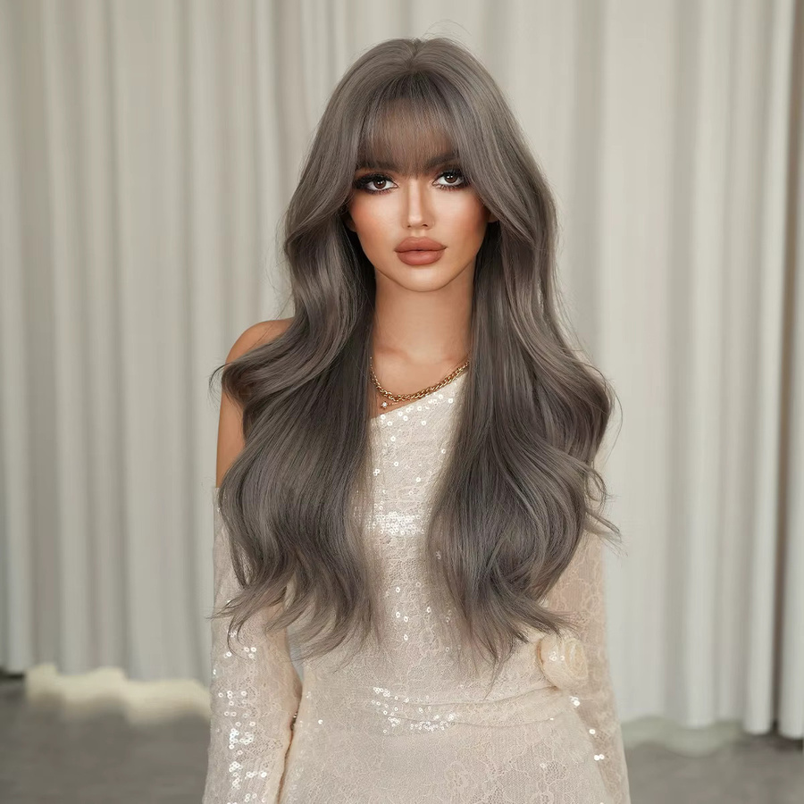 7JHH WIGS Perücke für Damen, lang, gewellt, aschviolett, mit Pony - Bild 2