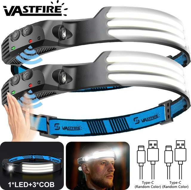 VASTFIRE COB LED Stirnlampe mit Bewegungssensor und wiederaufladbarem Akku für Outdoor und Angeln - Bild 1