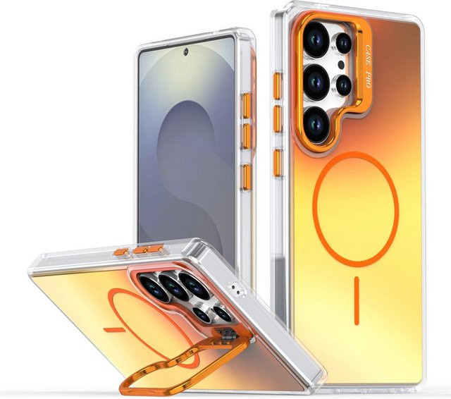 Magnetische Acrylhülle mit Farbwechsel-Effekt und Metall-Linsenständer für Samsung Galaxy S25 S24 S23 Plus S22 Ultra, Orange, MagSafe kompatibel - Bild 1