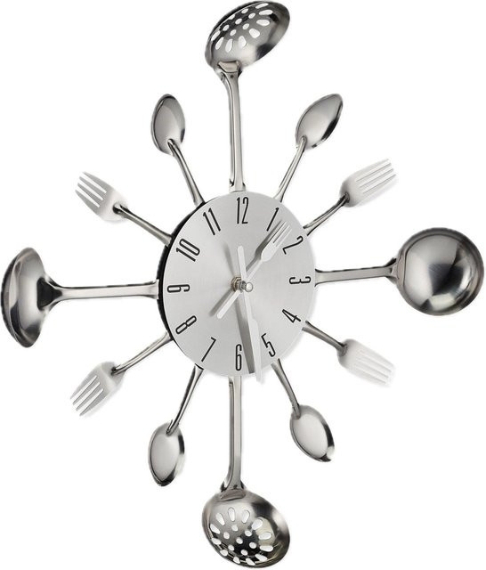 Relaxdays Besteck Wanduhr aus Metall und Kunststoff in Silber, Durchmesser: 40 cm, Tiefe: 4 cm - Bild 1