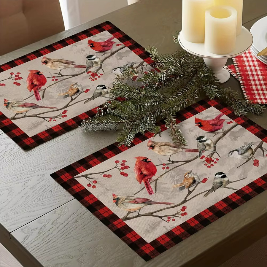 VIKAMA 4-teiliges Vintage-Tischset-Set mit Vogeltweig und Karomuster, quadratisch, maschinenwaschbar, Breite: 40 cm x Tiefe: 40 cm - Bild 2
