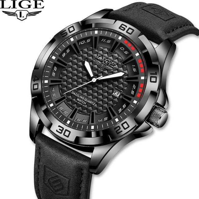 LIGE Armbanduhr Quarz, Lederarmband, Grün, Datum, Herren - Bild 1