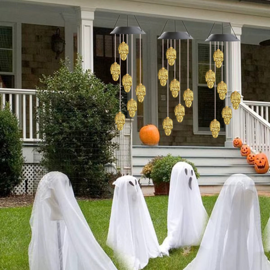 Peach Forest Solar Windspiel Halloween Goldener Schädel mit RGB LED Farbwechsel und Wasserdichtem Design für den Garten - Bild 5
