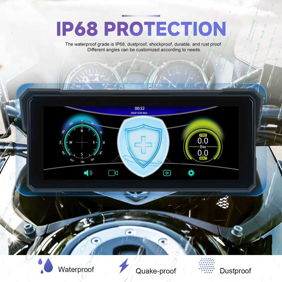 Podofo Tragbarer Motorrad-Monitor mit 8,1 Zoll Display, Kabelloses CarPlay und Android Auto, IP68 Wasserdicht, DVR mit 2 Kameras, Schwarz - Bild 2