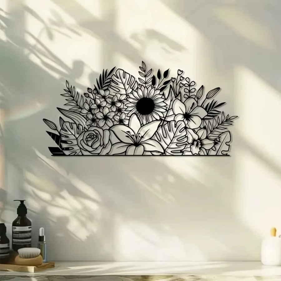 CIFBUY Metall-Blumen-Wandkunst, 2D-Eisenskulptur in Schwarz zur Dekoration für Wohnzimmer und Balkon, B: 40,0 cm, H: 19,48 cm, T: 19,48 cm - Bild 3